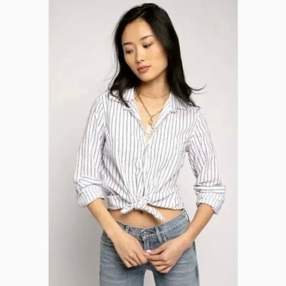 FRANK & EILEEN Crinkle Barry Buttondown Top Blouse‎ White Blue Dotted Small